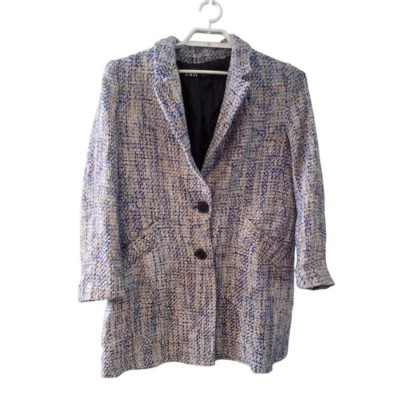 Zara tweed dress coat womens Large blue midi - Picture 1 of 5